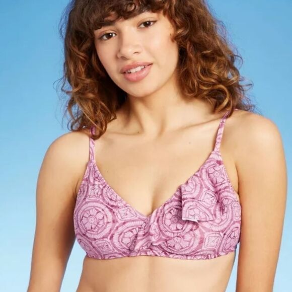 Shade & Shore Pink Ruffle Asymmetrical Bikini 2 Piece Summer Cute Set NWT - Picture 3 of 15